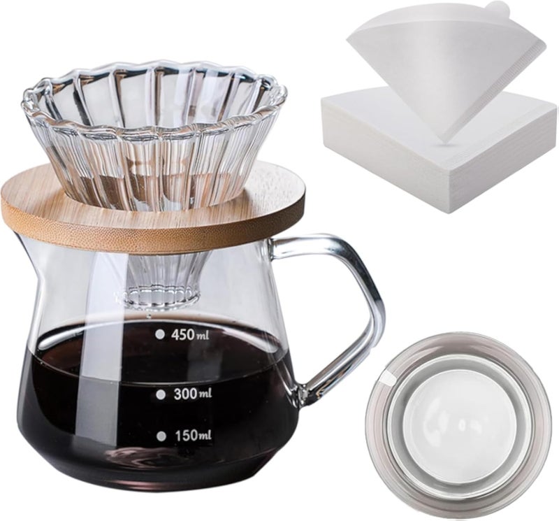 Pour Over Coffee Maker, 20 oz Borosilicate Glass Carafe with 40 pcs V60 Paper Filter, 400 ml, Clear Bamboo Handle & Glass Lid, Drip Coffee Maker for Home CafÃ© Restaurant Camping